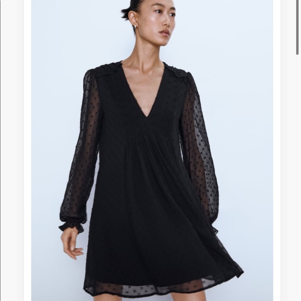 Zara Black Dotted Mesh Flowing Ruffled MINI dress
